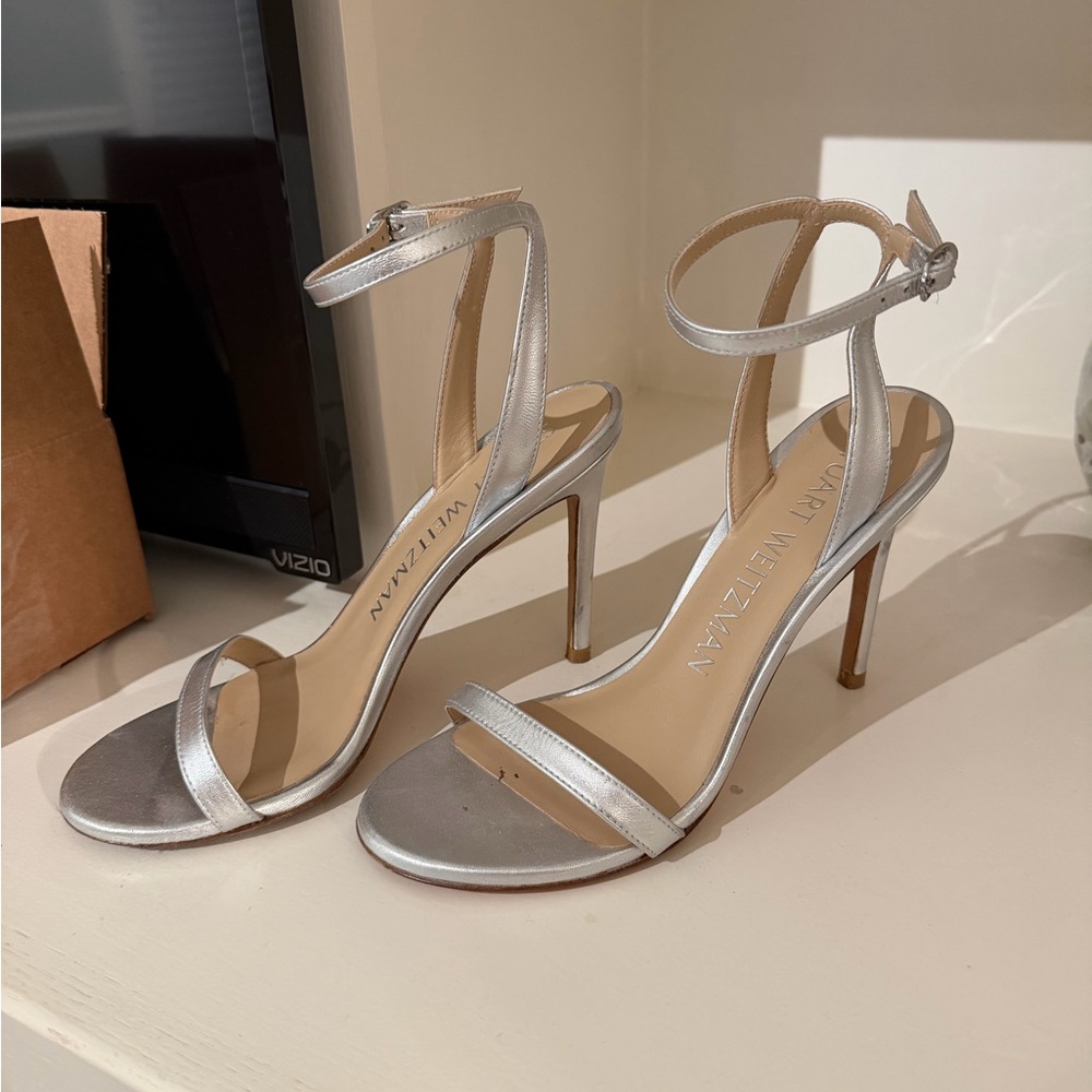 Stuart Weitzman Silver Ankle Strap Heels